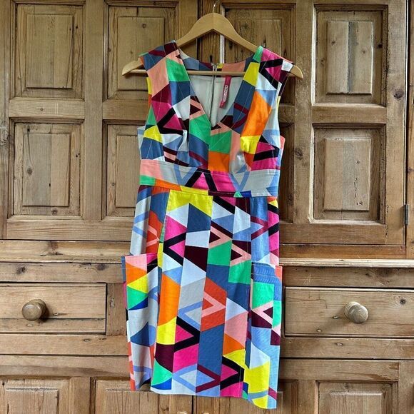 Plenty Size 2 Dress Colorful Geometric Print V-Neck‎ Tank Pockets Shift Artsy - Picture 1 of 6